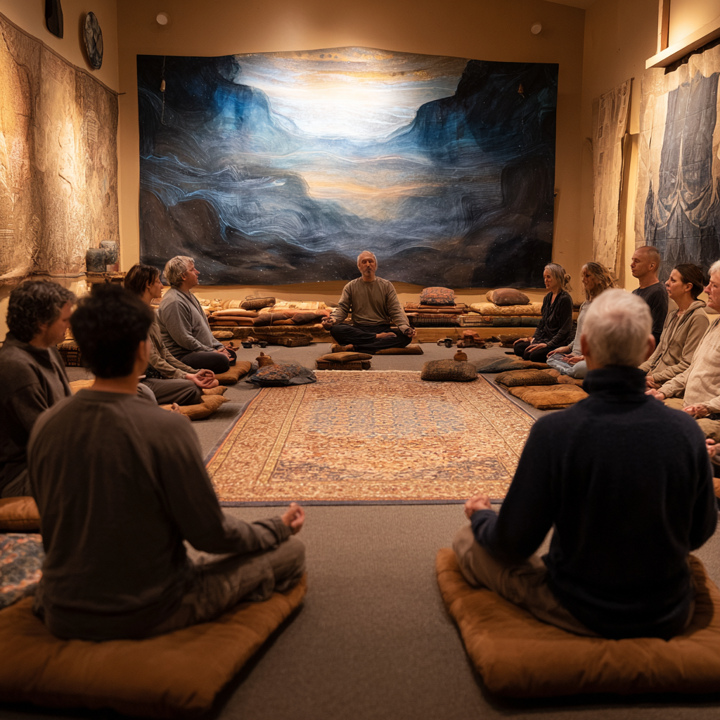 50 years old meditation space with mature practitioners in comfortable poses