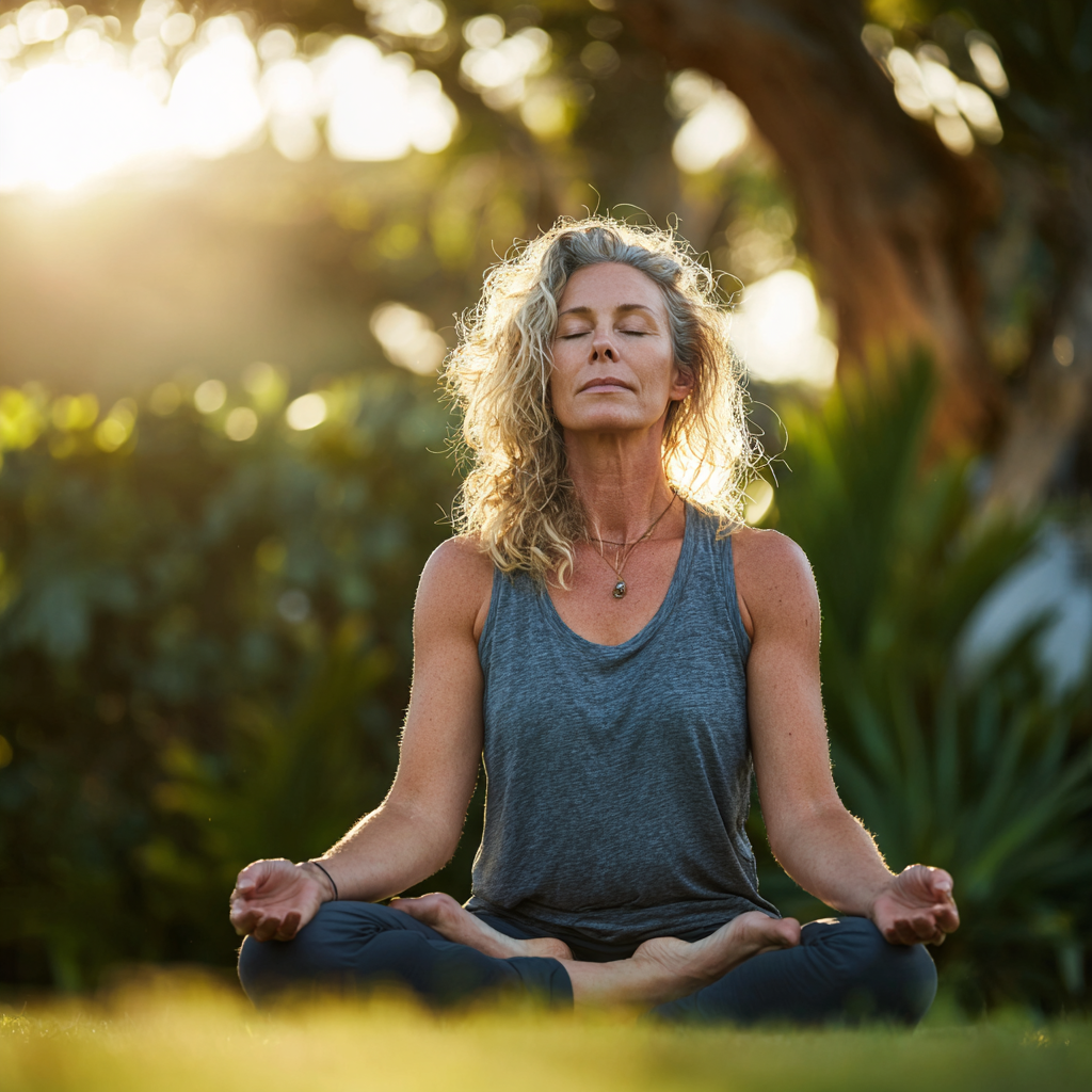 51 years old woman practicing yoga in peaceful outdoor setting