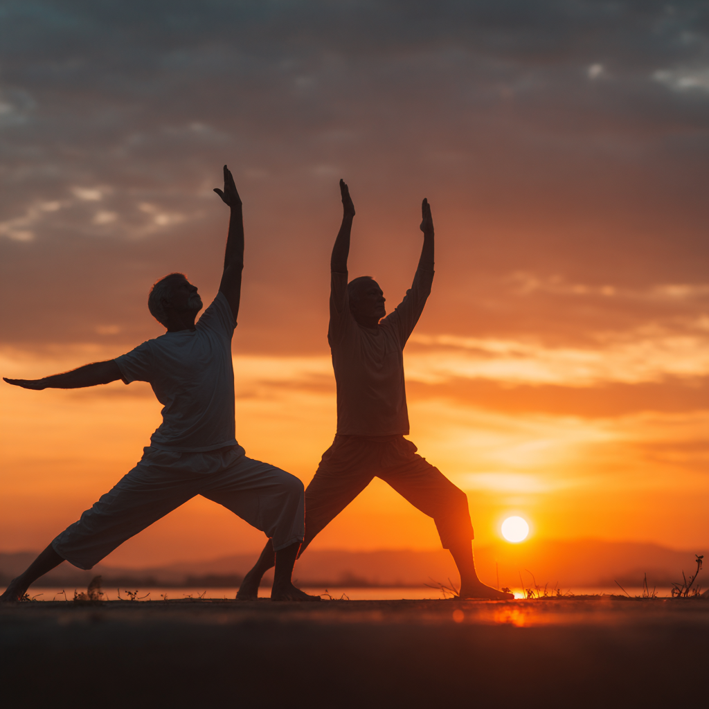 52 years old  practitioners doing gentle yoga poses at sunset